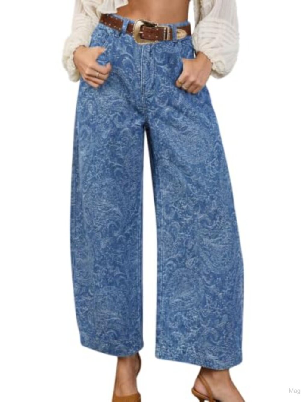 Women's Cotton Blend Floral Print Wide Leg Barrel Jeans Ankle Denim Pants